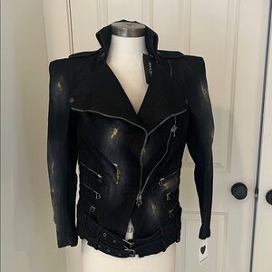 Balmain Black and gold Textured distressed denim, biker Jacket size 40 brand new